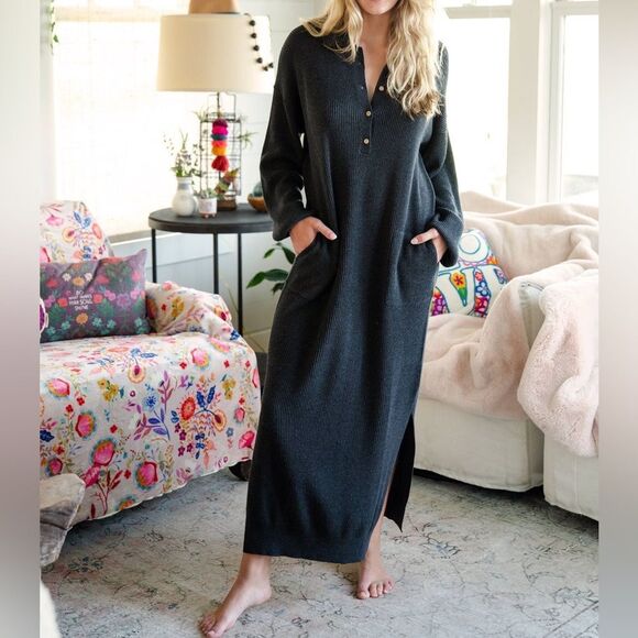 NWT Natural Life Long Sleeve Rib Knit Maxi Sweater Dress Charcoal Size S/M NEW - Picture 4 of 15